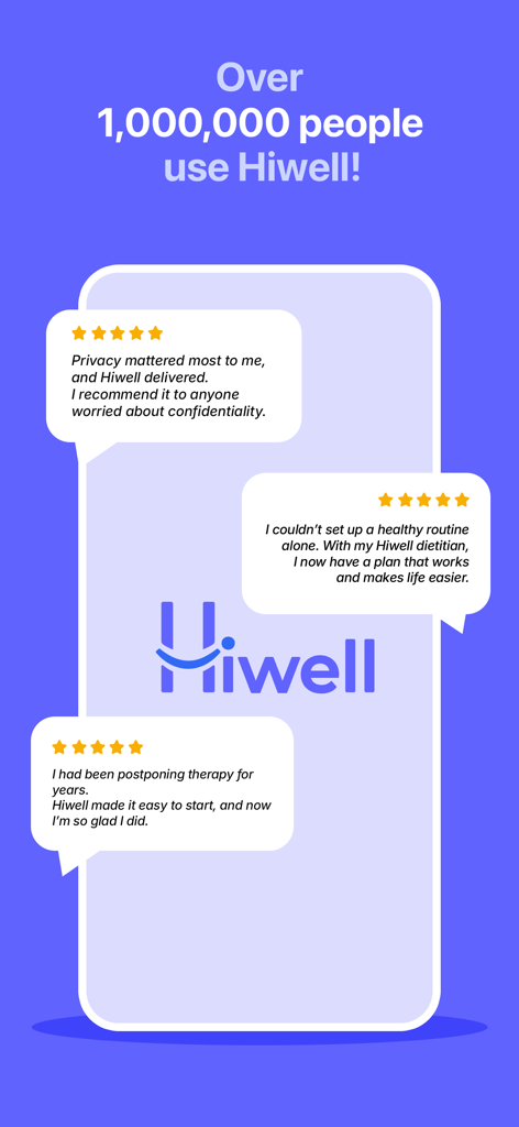 Hiwell Therapy & Mental Health - Hiwellセラピーおよび栄養士サービスに対するユーザーレビュー。5つ星評価と100万ユーザーのマイルストーンが表示されています