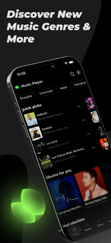 Music Lite - Music Player - Music Lite app interface showing music discovery features and trending genres