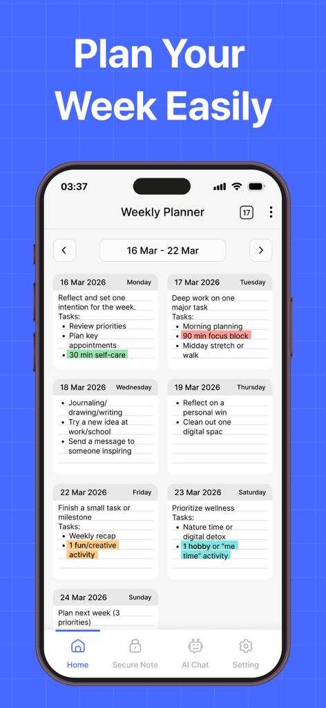 Daily Planner- Digital Planner - Vista de agenda semanal en la aplicación Planificador Diario con tareas y horario codificados por colores