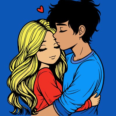 a realistic couple boy and girl hugging and kissing