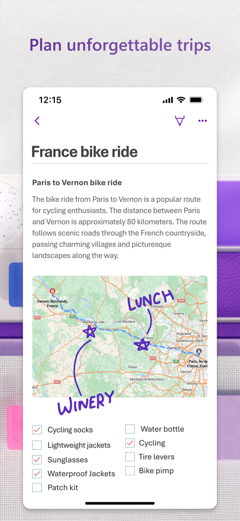 手書きのメモとチェックリストが付いた地図を表示するMicrosoft OneNote旅行計画画面。