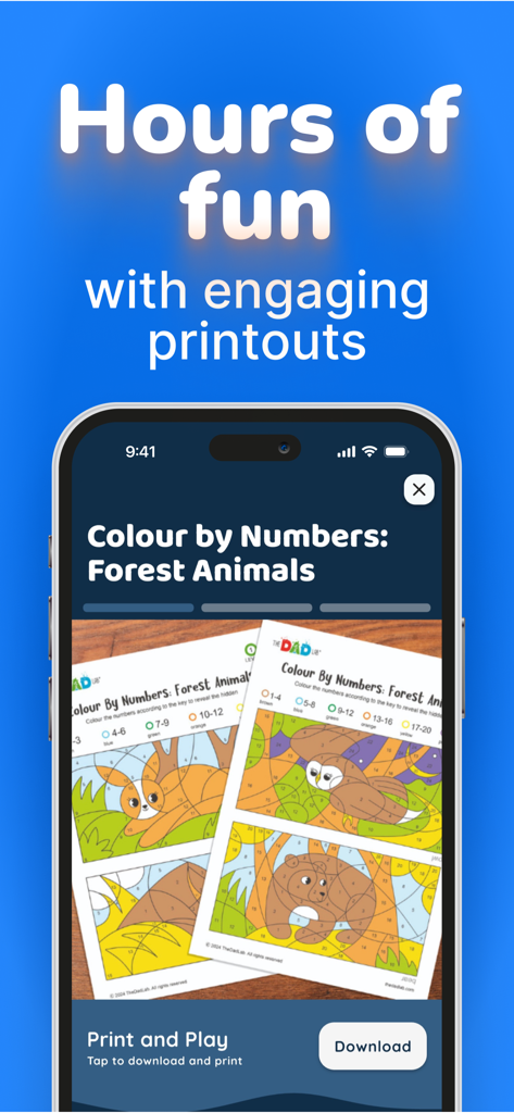 FunLab: Science Games for Kids - FunLab app screen showing downloadable colour by numbers forest animals printables for kids