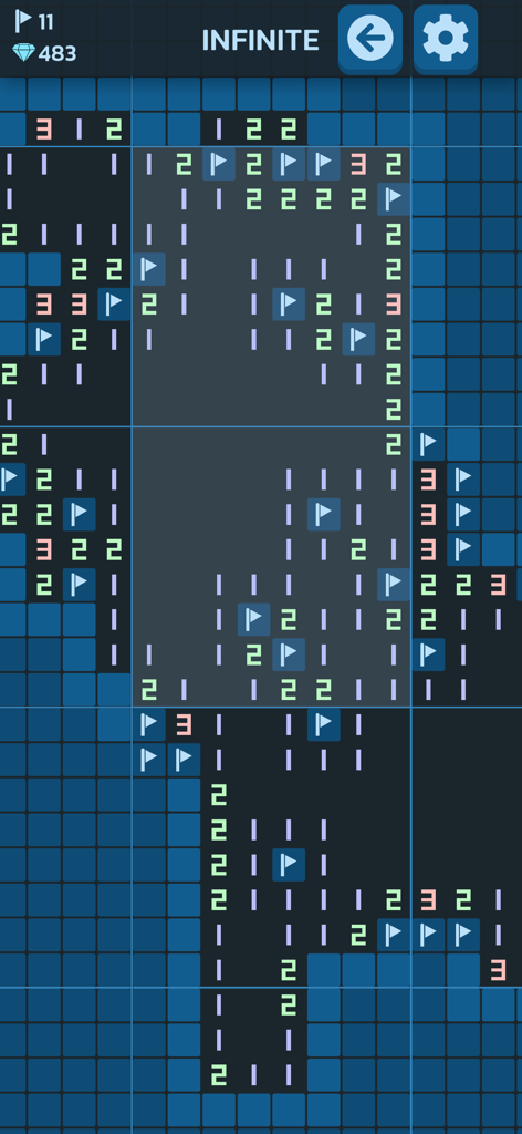 Infinite Minesweeper GRYKUBY - Gameplay-Bildschirm von Infinite Minesweeper, der ein dunkles Rätselraster mit Flaggen und Zahlen zeigt