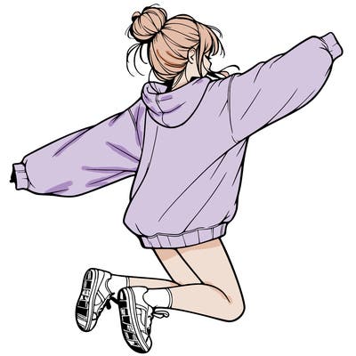 realistic girl jumping with a bun and oversized sweatshirt