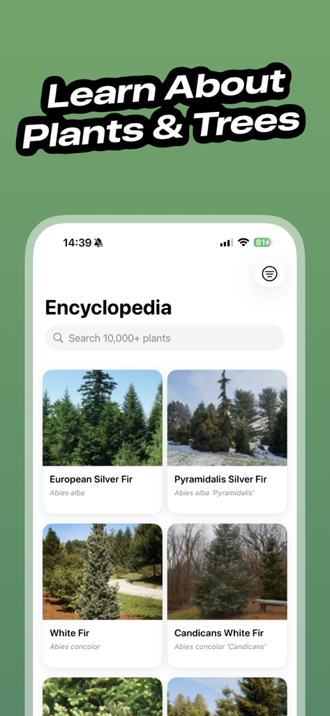 Leaf Identifier - LeafID - Captura de pantalla de la sección de enciclopedia de la aplicación LeafID que muestra diferentes tipos de abetos con fotos y nombres