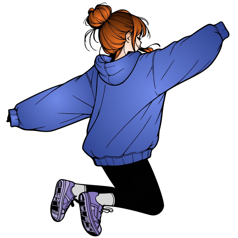 realistic girl jumping with a bun and oversized sweatshirt