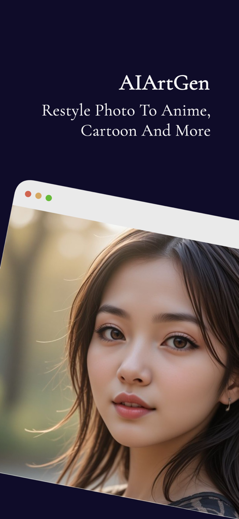 AIArtGen: AI Image/Video Maker - Aplicación AIArtGen que muestra un retrato realista para reestilizar fotos en estilos de anime y dibujos animados