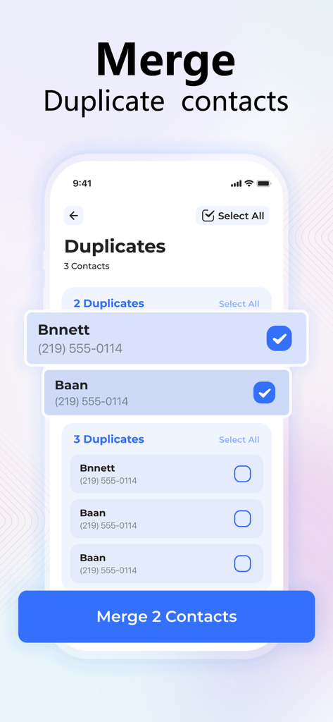 AI Cleaner Pro: Clean Storage - Interfaz de AI Cleaner Pro mostrando la función de fusión de contactos duplicados