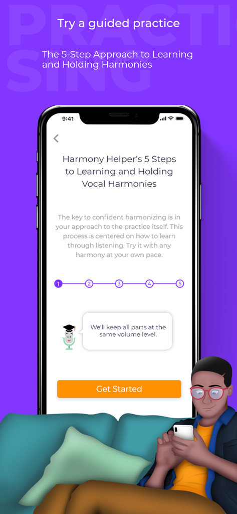 Harmony Helper app screen showing a guided 5-step approach to learning vocal harmonies