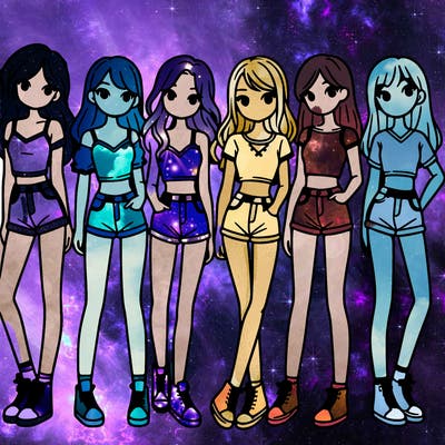 a group of girls wearing crop tops and shorts