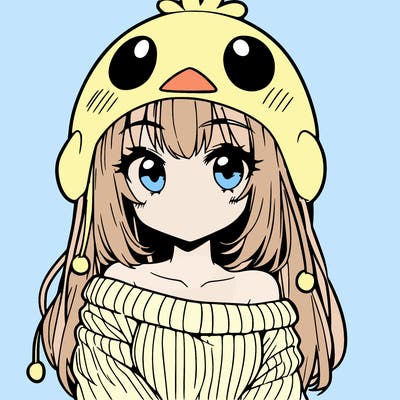 anime girl with chick shaped hat with sweater with bare shoulders with bangs covering them one eye with low tail