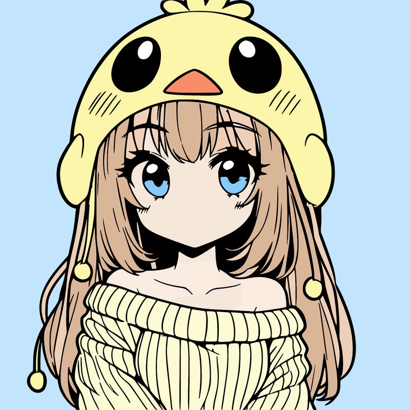 anime girl with chick shaped hat with sweater with bare shoulders with bangs covering them one eye with low tail