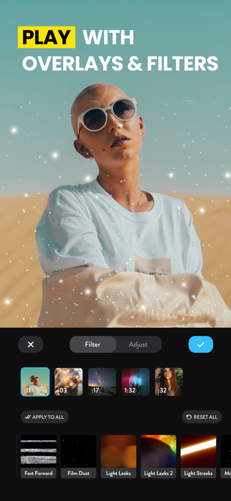 Video Editor with Music・VidLab - VidLab app interface showing aesthetic video overlays and vintage film filters on a portrait video