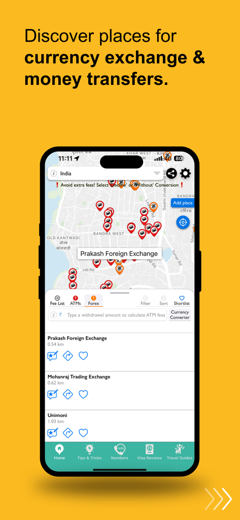 ATM Fee Saver: Travel Smarter - A map interface in the ATM Fee Saver app showing currency exchange and money transfer locations in a city.