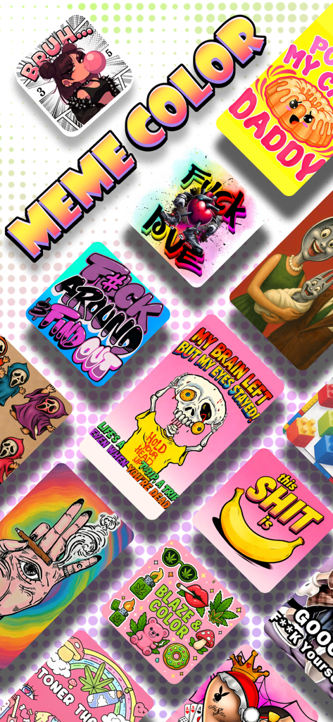 Un collage de designs de mèmes audacieux et drôles disponibles pour le coloriage dans l'application Meme Color