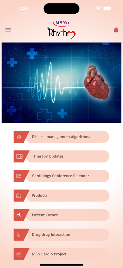 MSN Rhythm - MSN Rhythm app home screen displaying clinical tools for cardiology including disease management algorithms and therapy updates