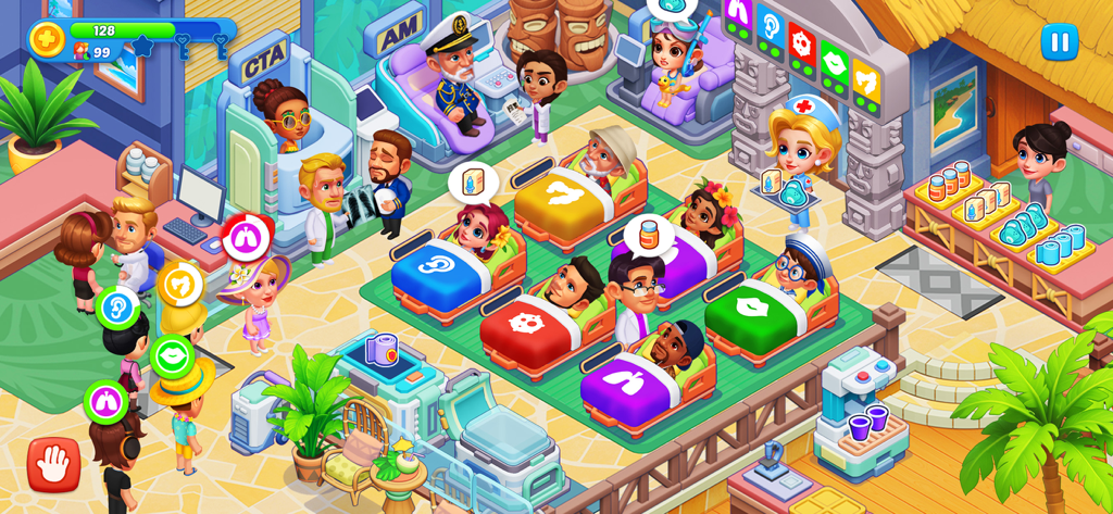 Hospital Madness: Clinic Games - Cartoon hospital management gameplay showing doctors and nurses treating patients in a tropical clinic.