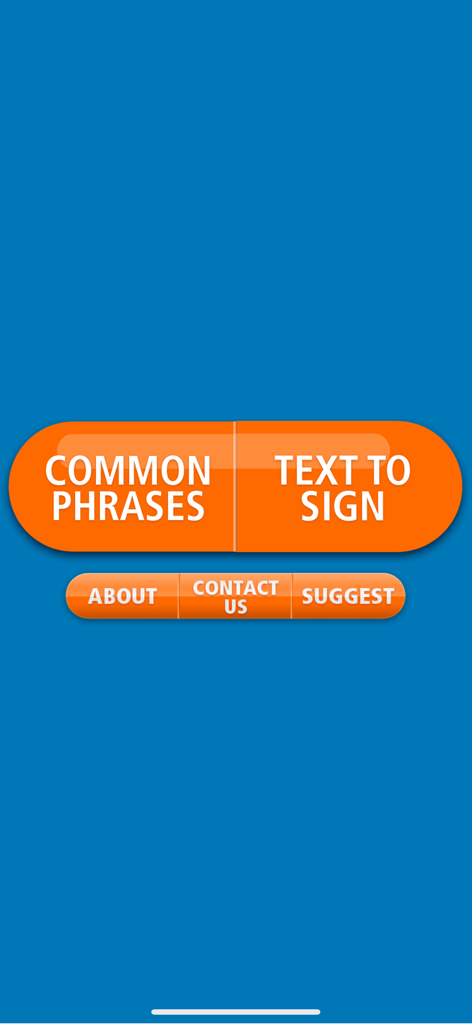 ASL Translator - Main menu screen of the ASL Translator app featuring large buttons for Common Phrases and Text to Sign on a blue background.