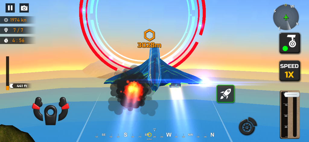 Flight Pilot Airplane Games 23 - A jet plane flying through a red ring checkpoint in a flight simulator game.