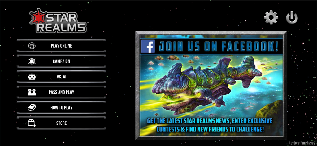 Star Realms - Pantalla del menú principal del juego de construcción de mazos para móviles Star Realms que muestra modos de juego como Juego en Línea y Campaña.