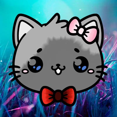 kawaii cat with a bow tie hanging from his ear