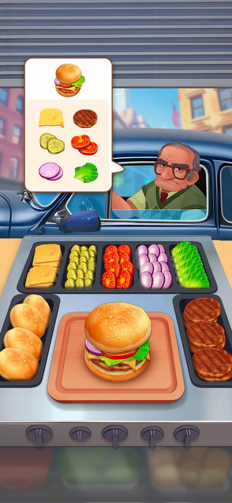 Royal Cooking - Ein Gameplay-Screenshot von Royal Cooking, der einen Koch zeigt, der einen Burger mit frischen Zutaten für einen Drive-Thru-Kunden zubereitet.