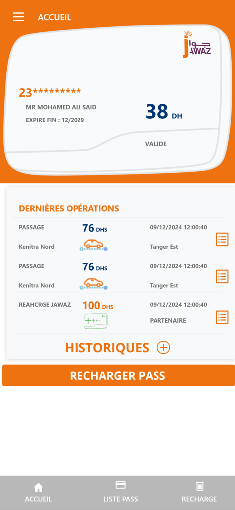 Jawaz - Jawaz app dashboard showing account balance, pass validity status, and recent toll passage history.