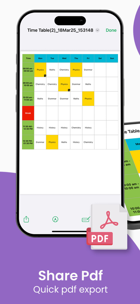 iPhone exibindo um cronograma semanal codificado por cores com uma opção de exportação em PDF.