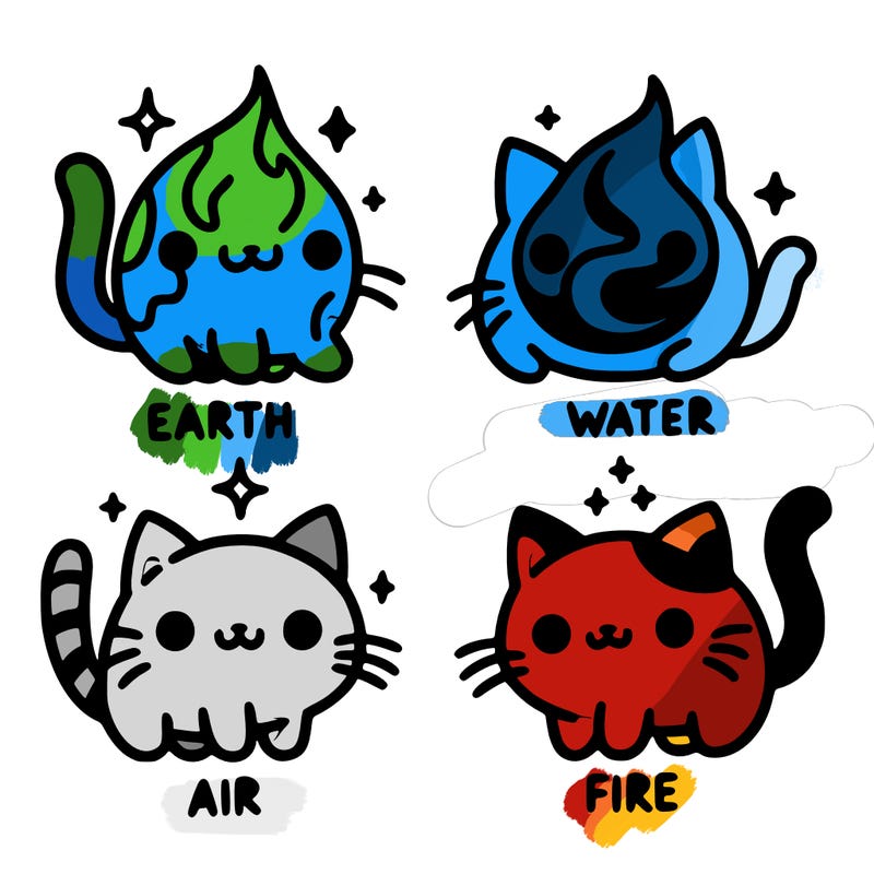 4 cats that represent the different elements, earth, water, air, and fire