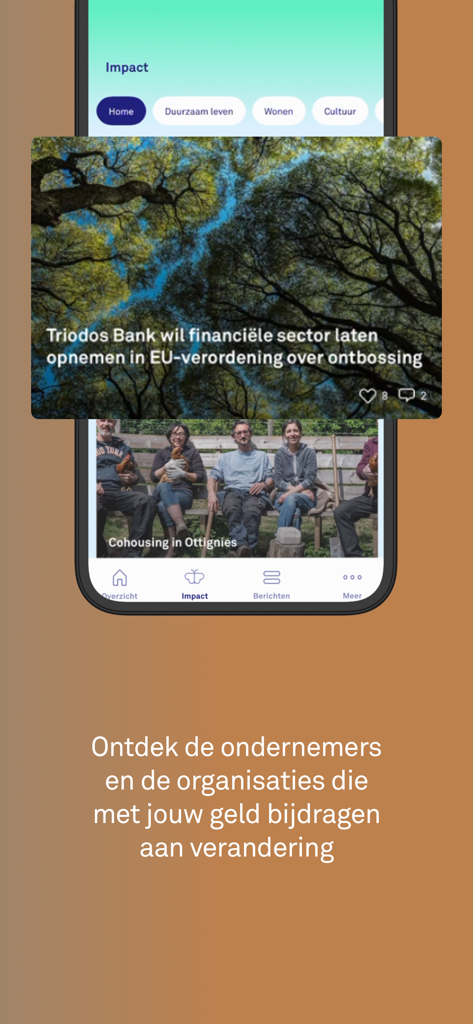 Triodos Banking BE - Pantalla de impacto de la aplicación Triodos Banking BE que muestra proyectos sostenibles y noticias ambientales