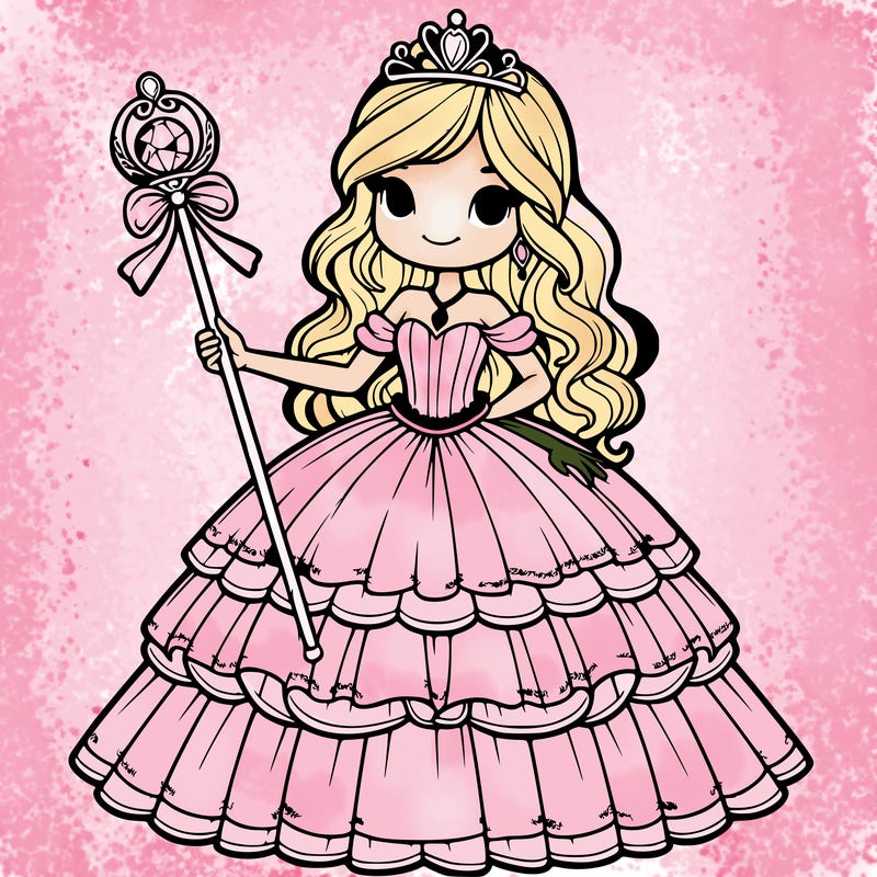 detailed realistic princess in a layered dress with a tall tiara holding one staff with a gem on top of it