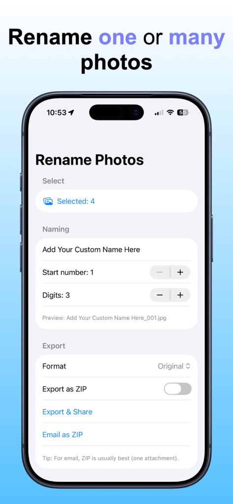 写真の名前を一括変更アプリのインターフェイスに、カスタム番号付けとエクスポート設定で複数の写真の名前を変更するオプションが表示されている。
