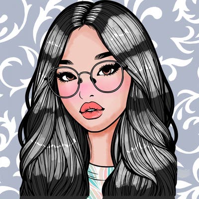 realistic korean girl with long hair, glasses and big lips