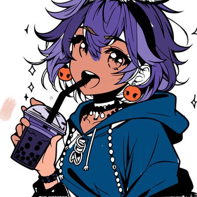 hot baddie anime girl drinking boba and biting the straw