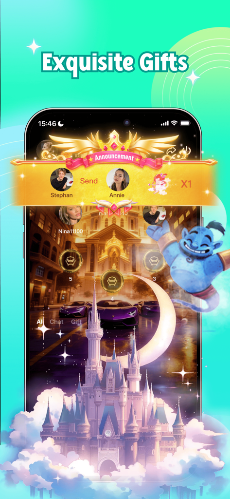 LightChat- Friendly Group Chat - A smartphone screen showing a fantasy themed voice chat room with an announcement banner for a gift exchange between users.