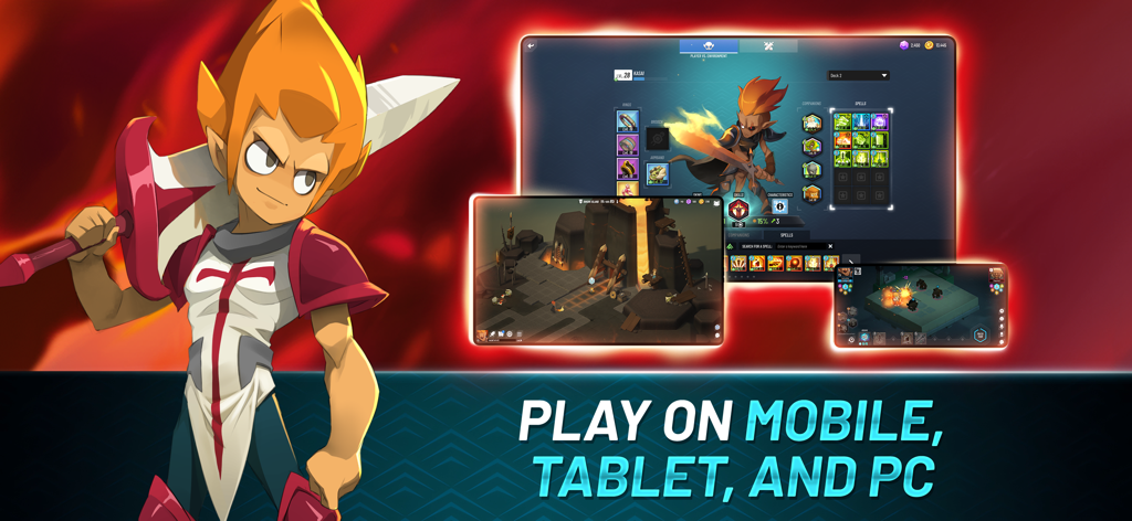 A Waven character with a sword next to screens showcasing the game on mobile tablet and pc