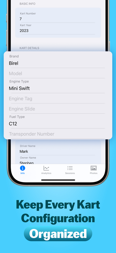 KartTrackerAI - KartTrackerAI 앱 인터페이스: 카트 구성 및 엔진 세부 정보 표시