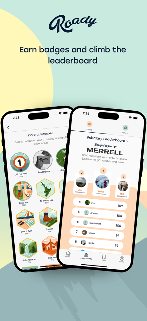Roady - Mobile app screens showing travel achievement badges and a community leaderboard for road trip experiences