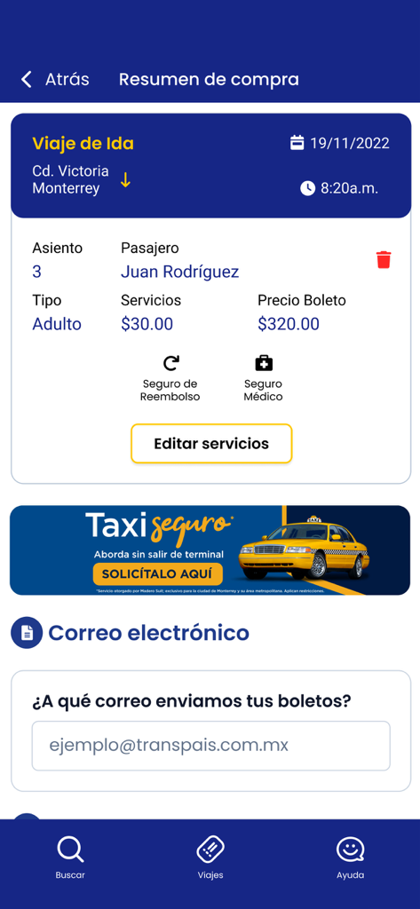 Schermata del riepilogo acquisto nell'app Transpais che mostra i dettagli del viaggio in autobus e il prezzo del biglietto.