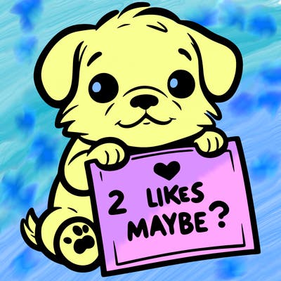a puppy holding a sign that says 2 likes maybe?