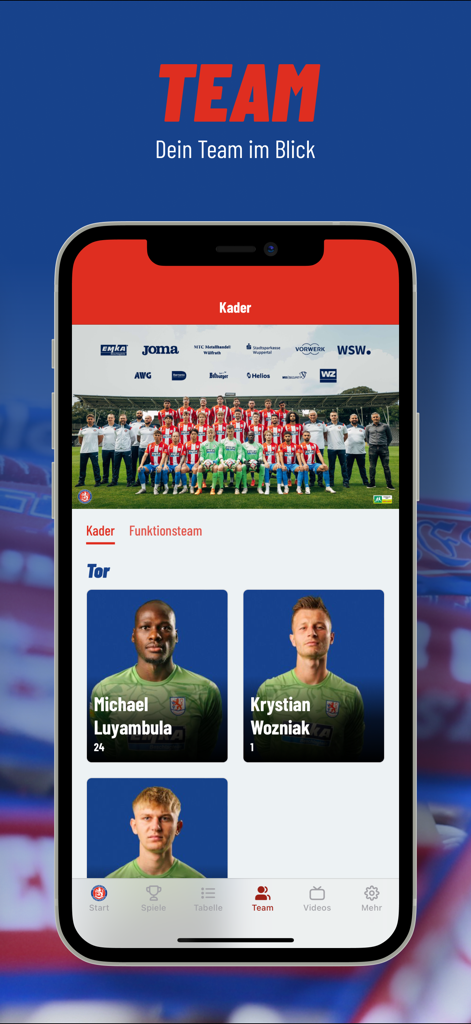Wuppertaler SV - Wuppertaler SV mobile app squad page showing team photo and individual player profiles