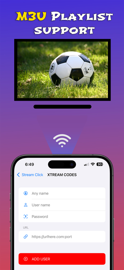 Écran de smartphone montrant l'interface de connexion des codes Xtream pour la prise en charge des listes de lecture M3U avec un match de football affiché en arrière-plan.