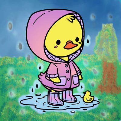 baby duck in a rain coat and boots, in a puddle while it’s raining