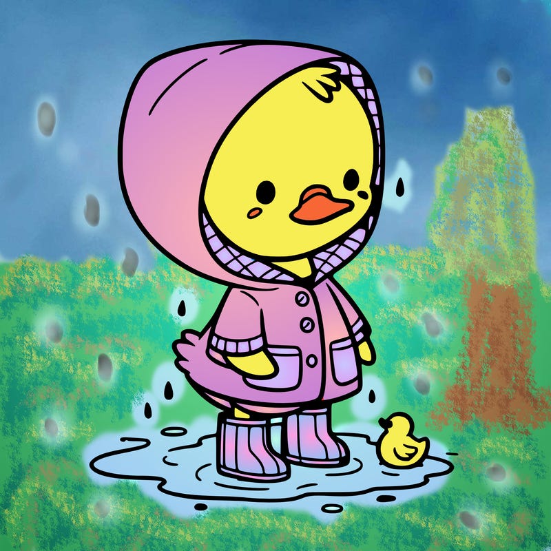 baby duck in a rain coat and boots, in a puddle while it’s raining