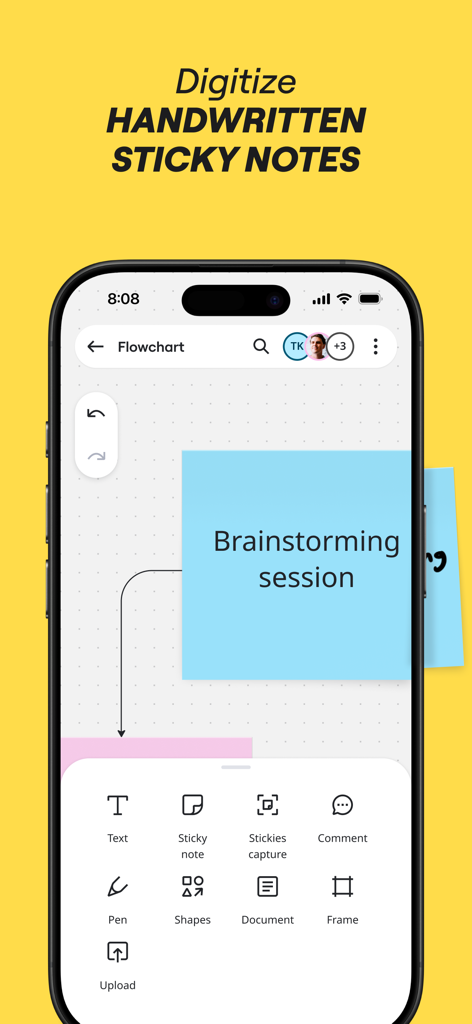 Miro: your visual workspace - Application Miro sur iPhone montrant une note autocollante bleue numérique et des options pour capturer et numériser des notes manuscrites pour le brainstorming.