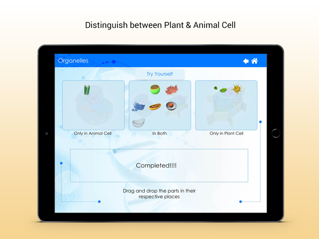 An interactive iPad screen from The Living Cell app showing a drag and drop activity to distinguish between plant and animal cell organelles.