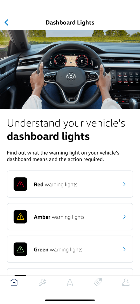 Screenshot of the myVW app dashboard lights guide showing categories for red amber and green warning lights