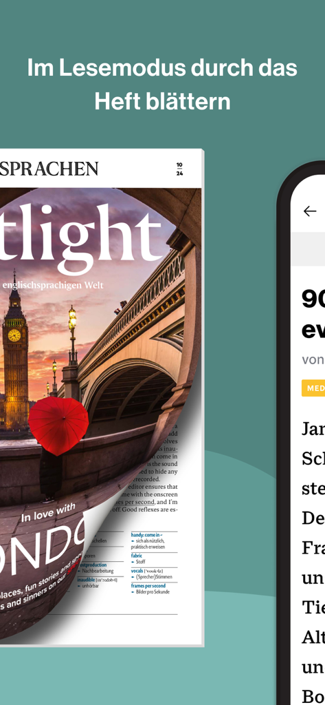 Die Lese-Modus-Oberfläche der Spotlight eMagazine App zeigt das Cover eines digitalen Magazins über London.