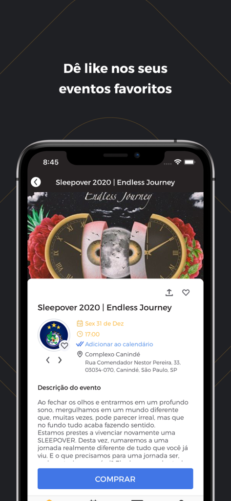 Blacktag mobile app screen showing event details for a party with a buy button and description