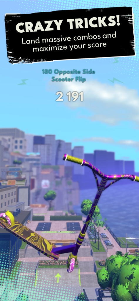 Touchgrind Scooter - Touchgrind Scooter gameplay showing a customized purple scooter performing a 180 flip trick over an urban skatepark